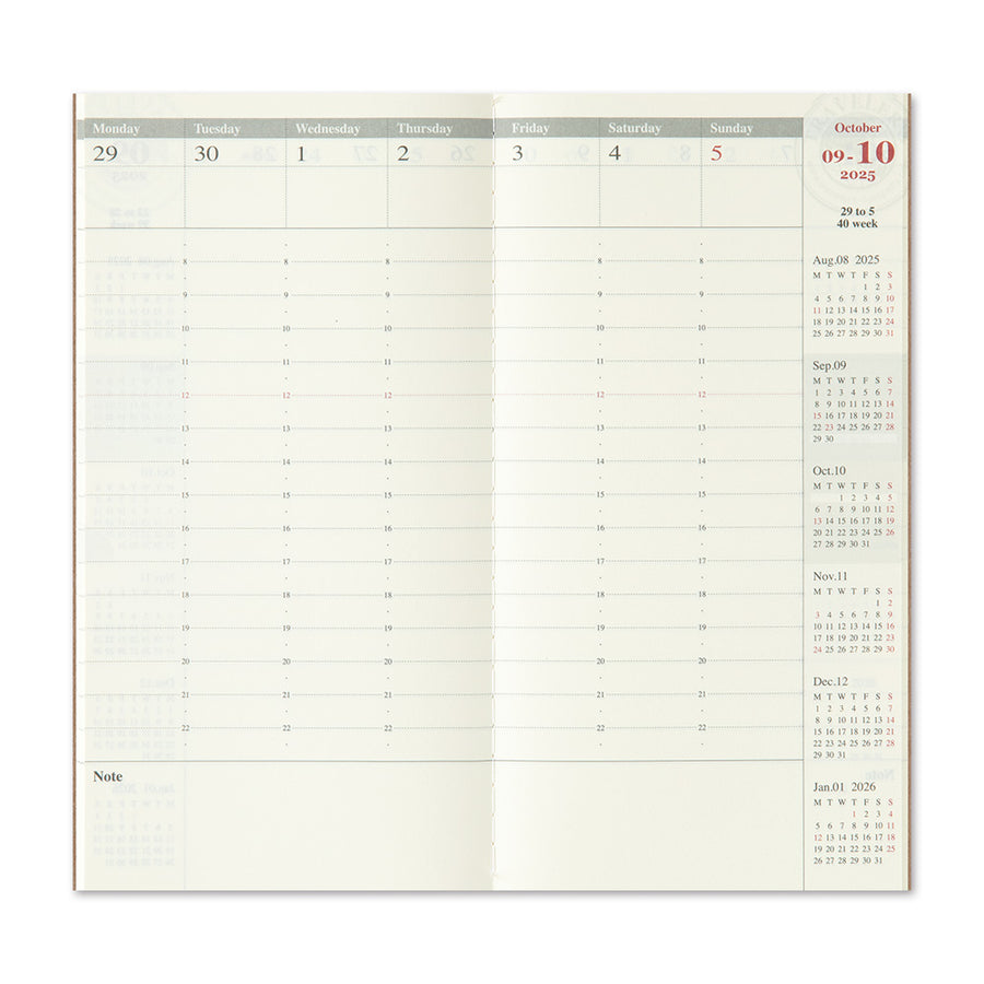 TRAVELER'S COMPANY - Traveler's Notebook Regular - 2025 vertikaler Wochenplaner - 2. Hälfte