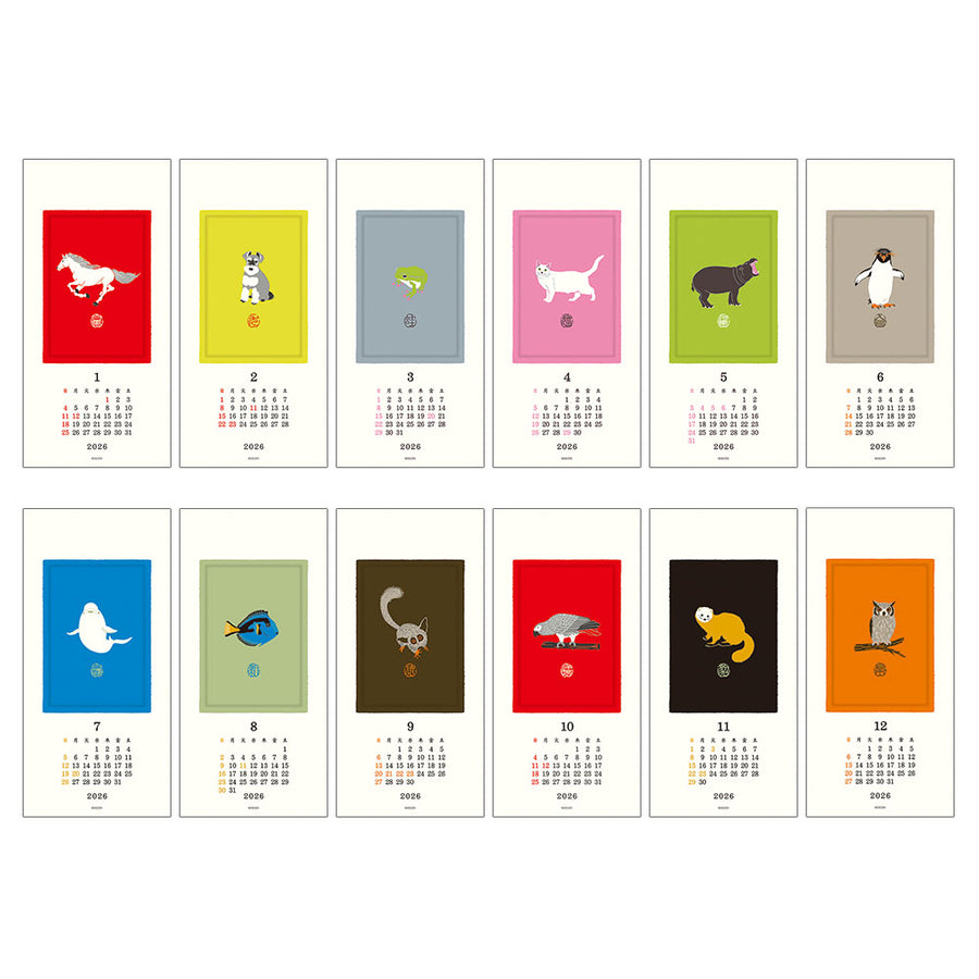 MIDORI - Echizen Washi Wall Calendar 2026 - Tiere