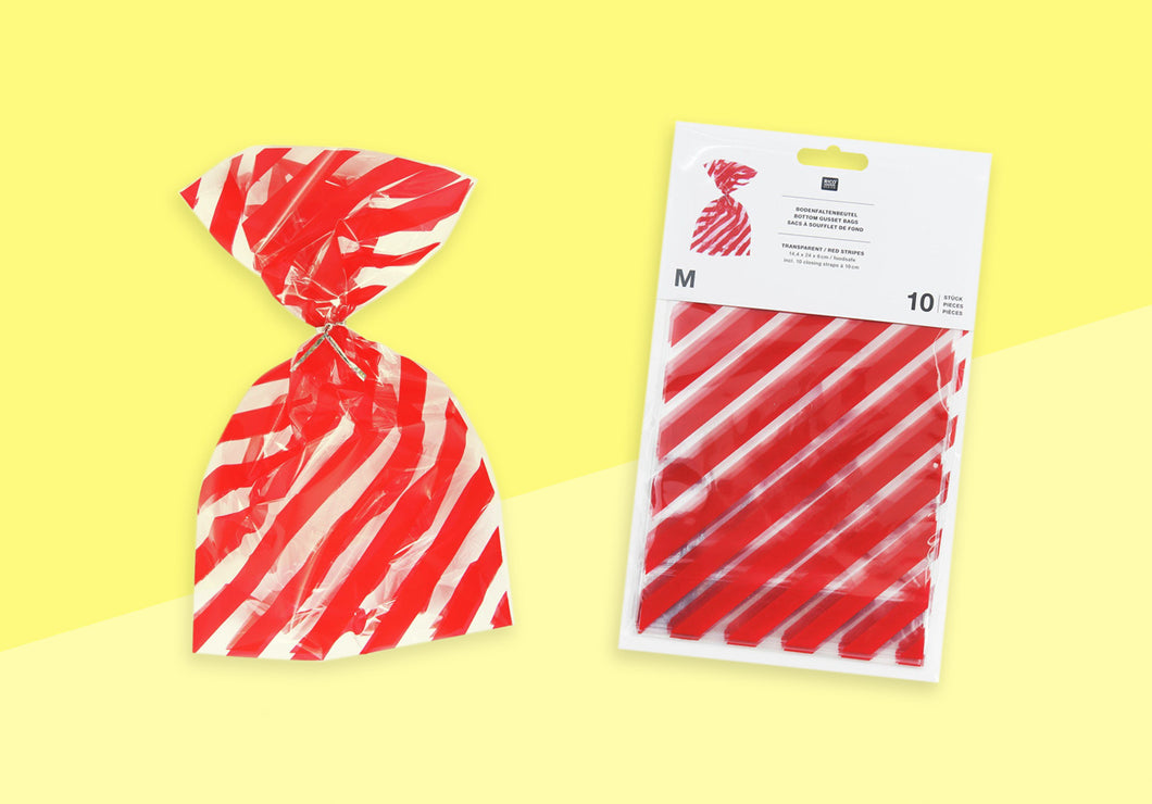 RICO - Bottom Gusset Bags - 10 pcs - Medium - Transparent & Red Stripes